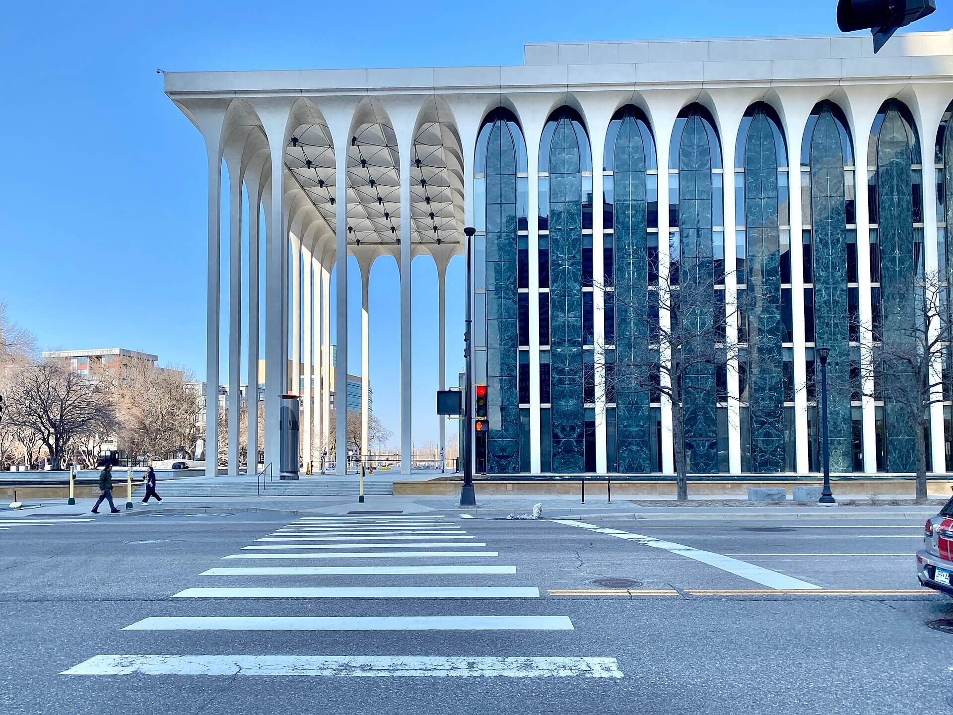 Street-level view of Minoru Yamasaki's Northwestern National Life Building in Minneapolis