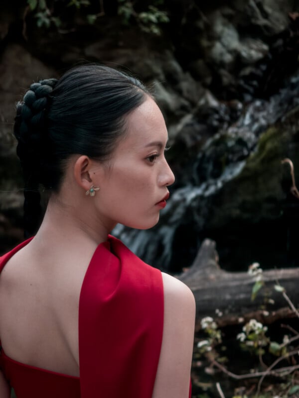 A woman with braided black hair and wearing a red dress stands outdoors, looking to the side. She has floral earrings and is positioned in front of a rocky background with a log and greenery.