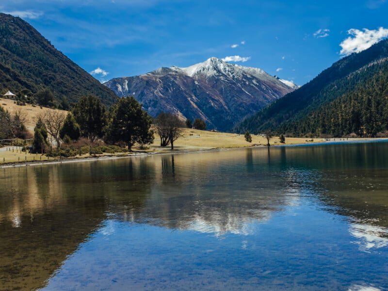 A clear lake reflects surrounding trees, grassy fields, and snow-capped mountains under a bright blue sky with scattered clouds.