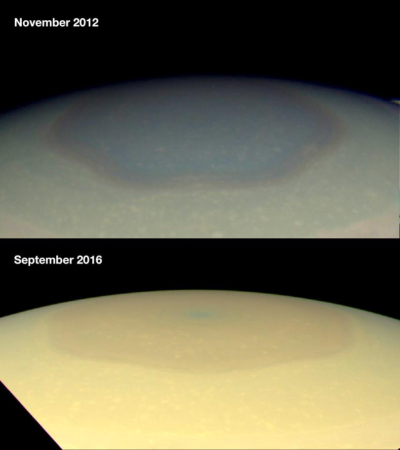 Two images compare Saturn’s north pole in November 2012 and September 2016, showing a visible change in the color of the hexagonal storm pattern.