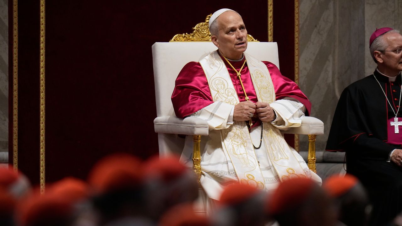 Pope Leo XIV leads a vigil for peace inside St. Peter's Basilica at the Vatican, Saturday, April 11, 2026. (AP Photo/Gregorio Borgia)