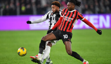 TURIN, ITALY - JANUARY 18: Weston McKennie of Juventus is challenged by Rafael Leao of AC Milan during the Serie A match between Juventus and AC Milan at Allianz Stadium on January 18, 2025 in Turin, Italy. (Photo by Valerio Pennicino/Getty Images)