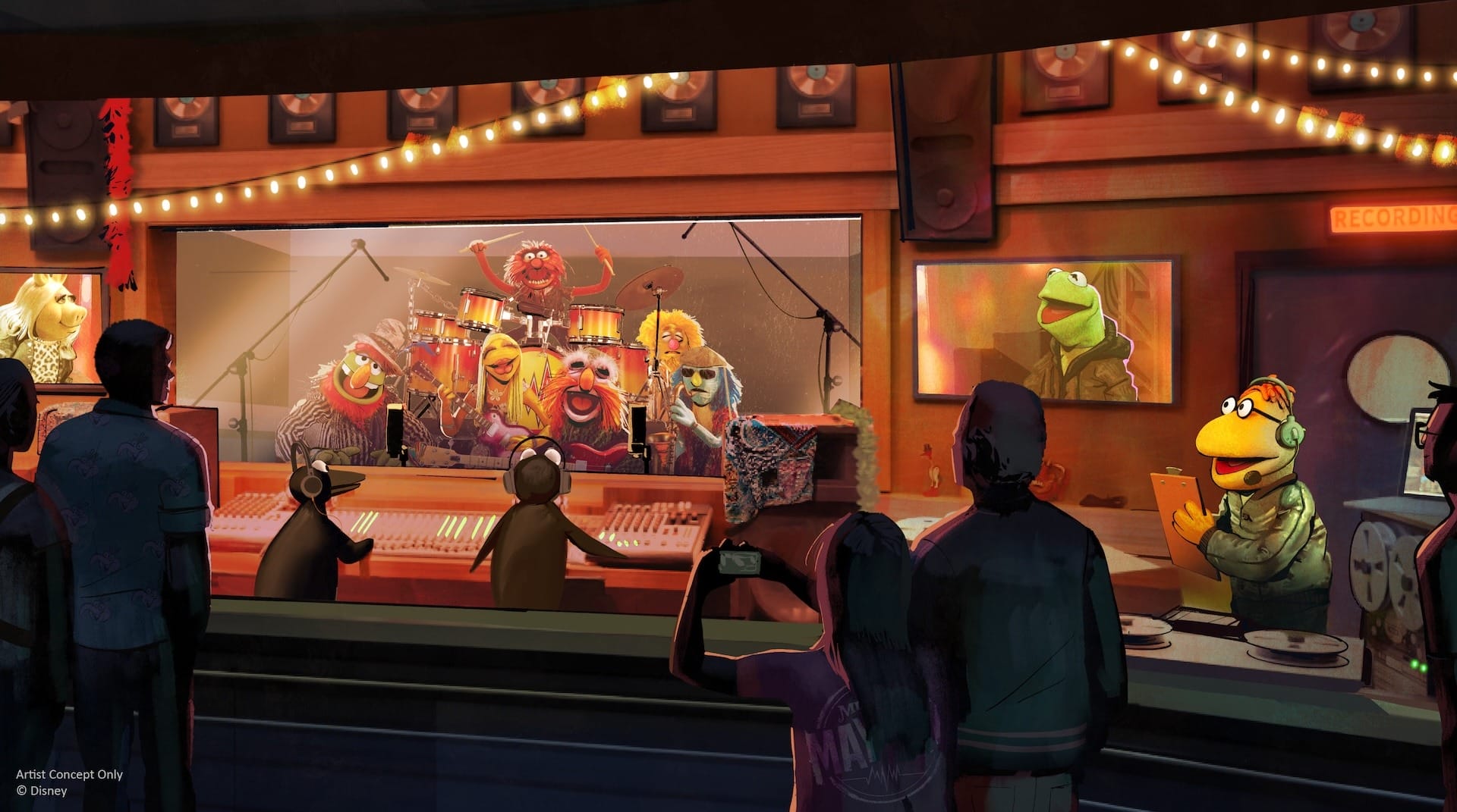 The Muppets band jams in a studio as fans watch and snap photos—like concept art come to life.