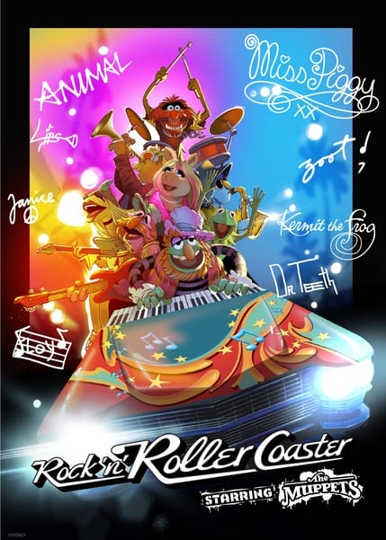 The Muppets cruise a starry car in Rock 'n' Roller Coaster concept art, surrounded by instruments and glowing lights.