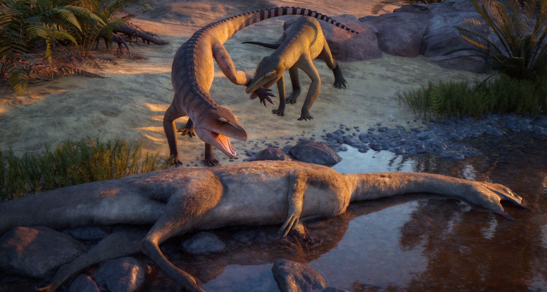 An illustration shows two four-legged crocodile-like animals standing over a large, long-necked animal carcass lying in a stream.