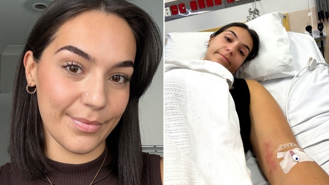 Sumbul Ari, who was diagnosed with cancer at the age of 26, smiles on the left side of a split image composition. On the right side, she lies in a hospital bed.