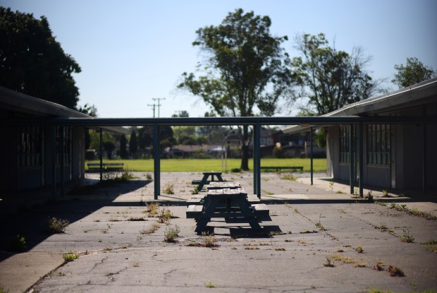 Picnic tables on the campus of A.J. Dorsa Elementary School on Tuesday, March 17, 2026, in San Jose. The school has been closed by the Alum Rock Union Elementary School District. (Aric Crabb/Bay Area News Group)