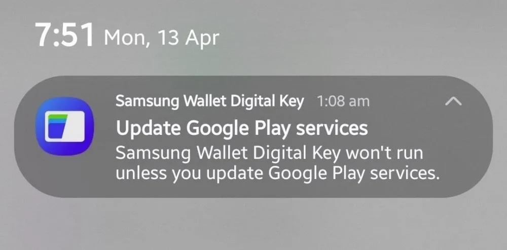 samsung wallet google play services update warning