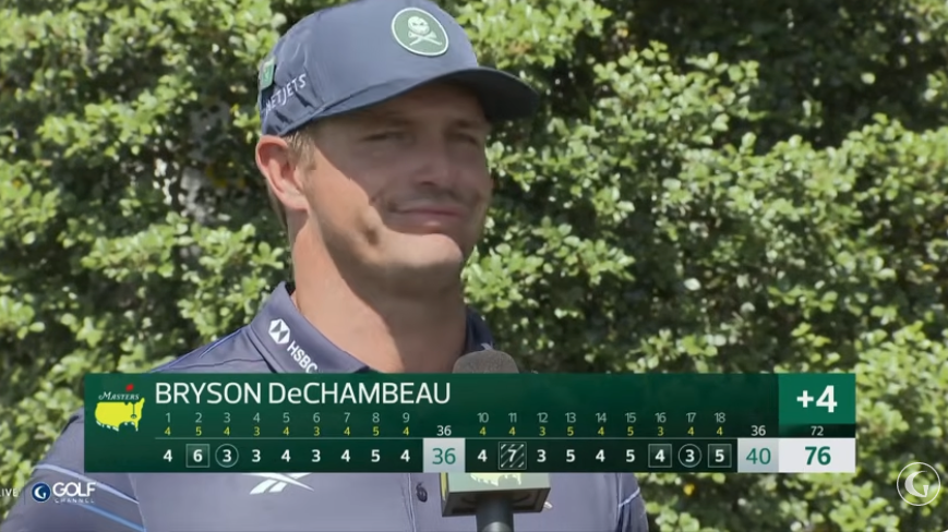 Bryson DeChambeau looking frustrated during a golf tournament, with his scorecard showing a +4 total.
