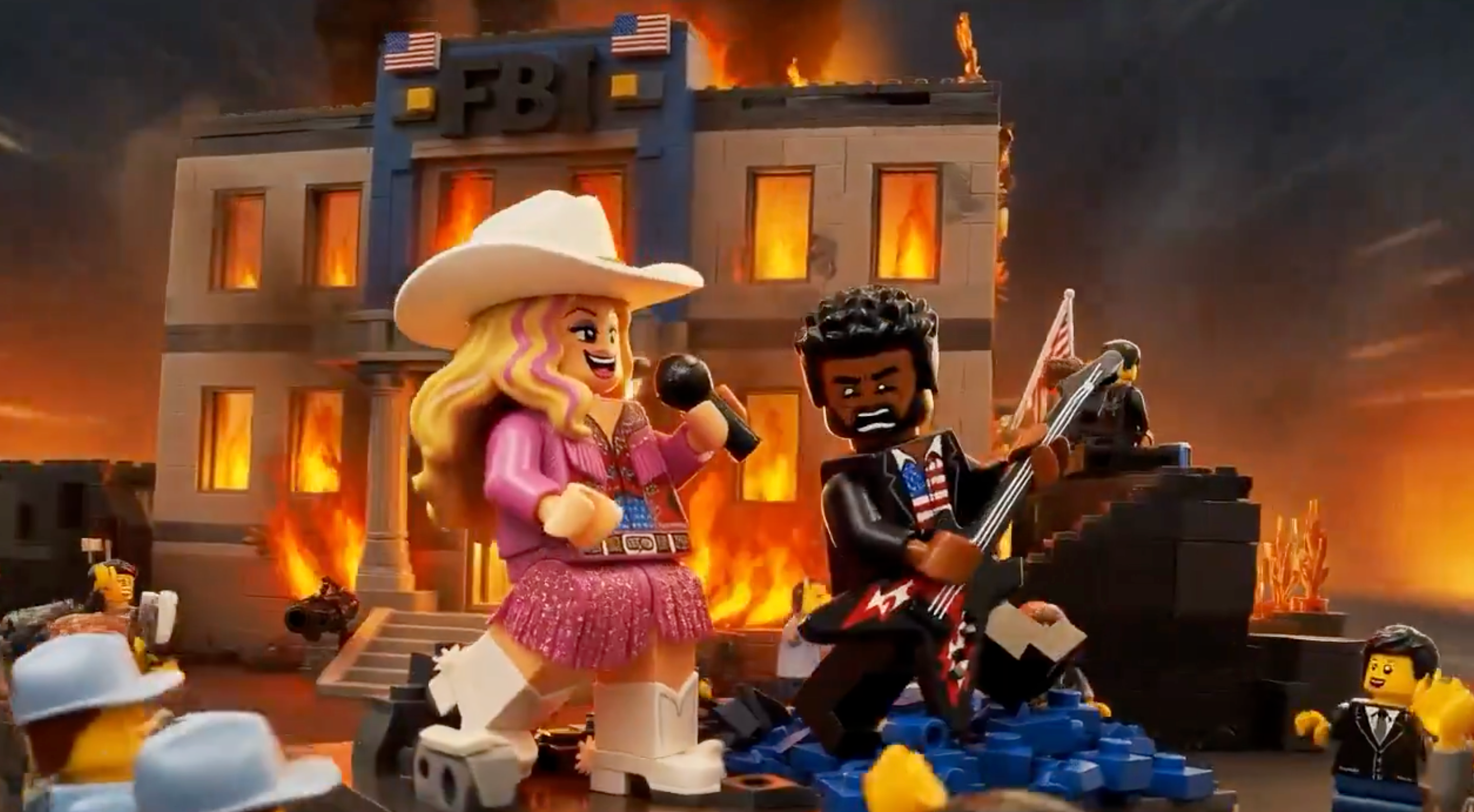 Patel and his girlfriend, country musician Alexis Wilkins, are depicted performing while the FBI building burns in the background, in an AI-generated music video