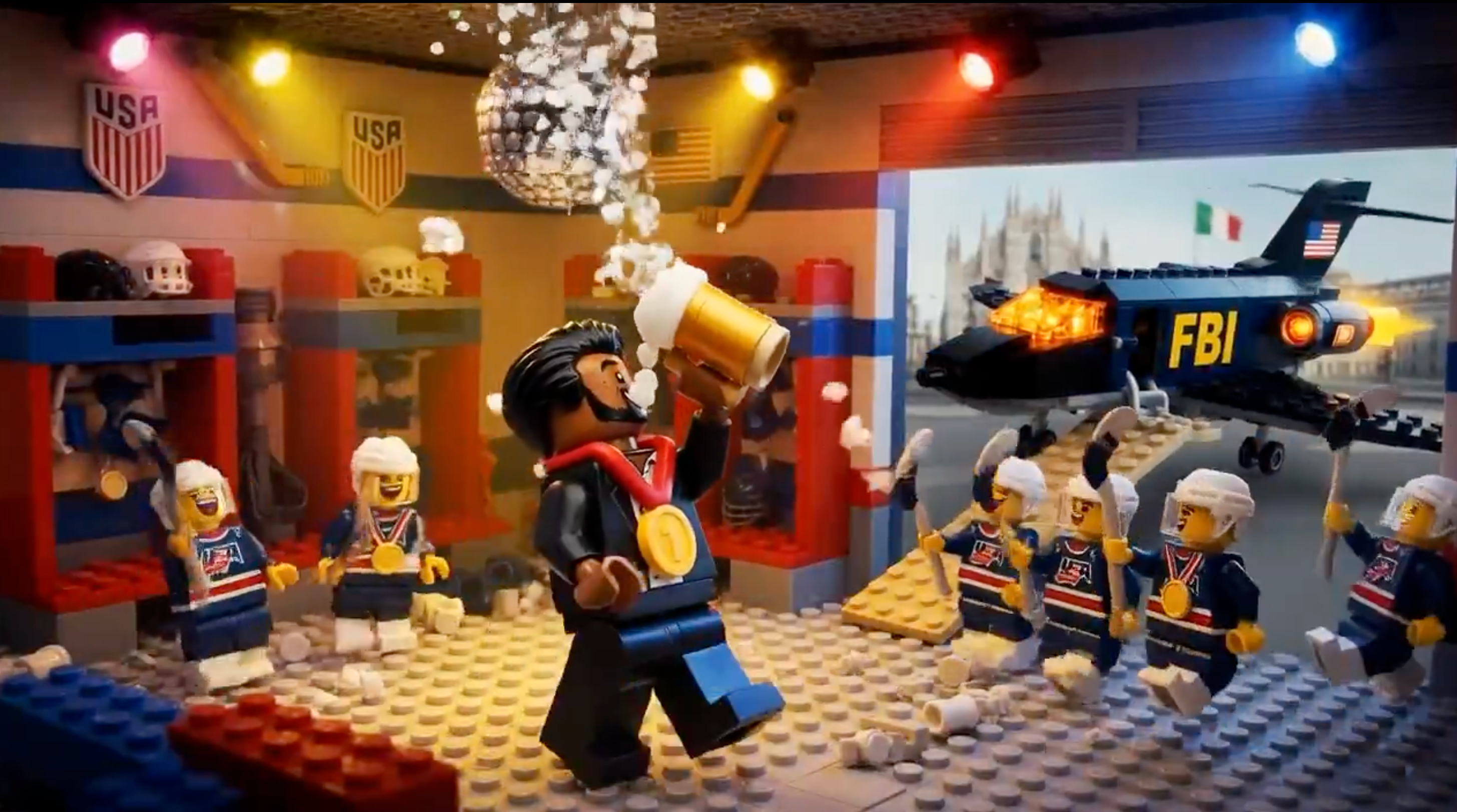 The creator of the AI music video included a scene of Patel drinking with the US Olympic men's hockey team in their locker room. In the background, the FBI jet can be seen parked in Milan. Patel was accused of excessive drinking in a recent profile, a claim he has denied and filed a lawsuit over the article