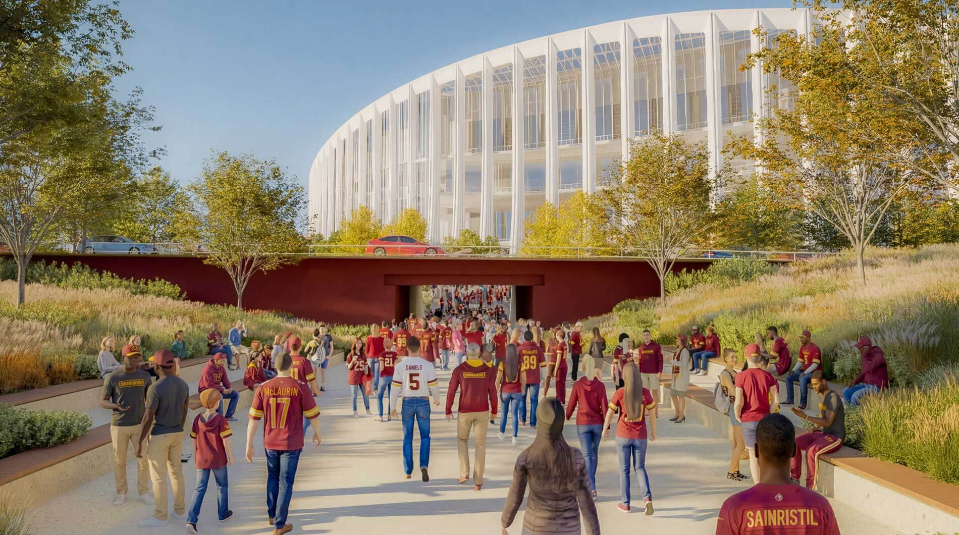 From the south, fans and spectators will enter the stadium passing underneath a raised highway