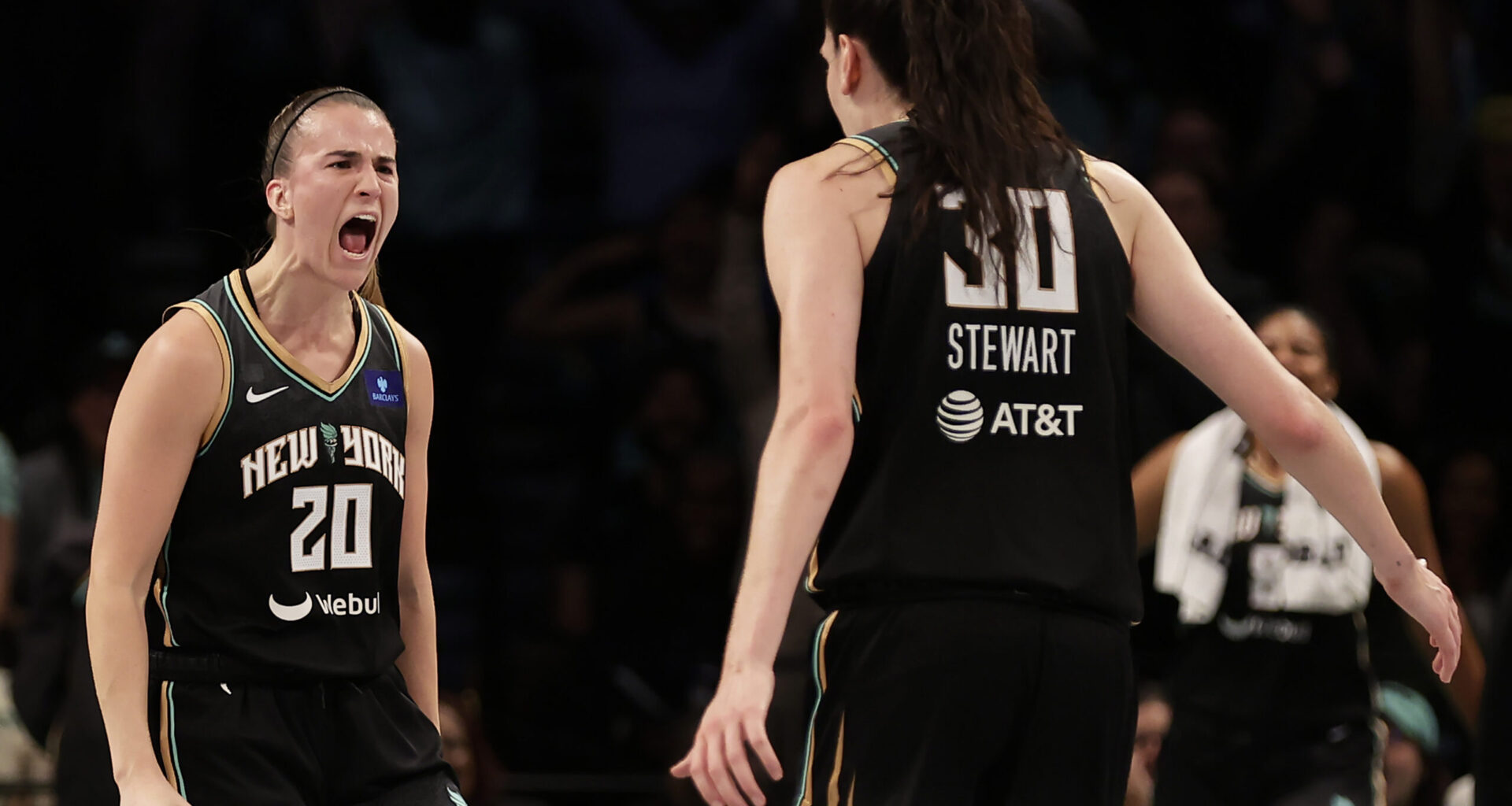 Liberty All-Stars Sabrina Ionescu and Breanna Stewart have a shared interest in celebrating another WNBA title in Brooklyn. Photo: Adam Hunger/AP