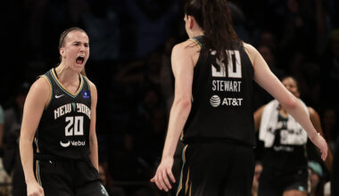 Liberty All-Stars Sabrina Ionescu and Breanna Stewart have a shared interest in celebrating another WNBA title in Brooklyn. Photo: Adam Hunger/AP