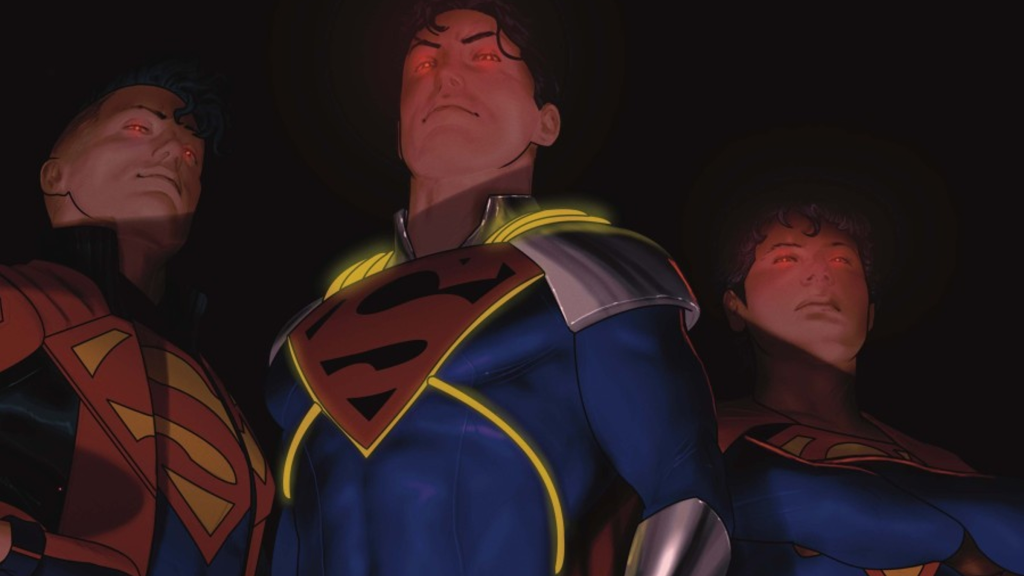 Superboy-Prime Standing Next to Conner Kent and Young Clark Kent
