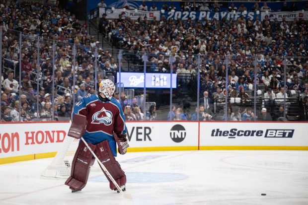 Goaltender Scott Wedgewood (41) of the Colorado Avalanche keeps an eye on the puck during the second period of game one of the first round of the 2026 Stanley Cup Playoffs against the Los Angeles Kings on Sunday, April 19, 2026, at Ball Arena in Denver. (Photo by Timothy Hurst/The Denver Post)