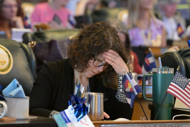 Rep. Emily Sirota works in the House chamber at Colorado State Capitol in Denver on Thursday, April 2, 2026. (Photo by Hyoung Chang/The Denver Post)