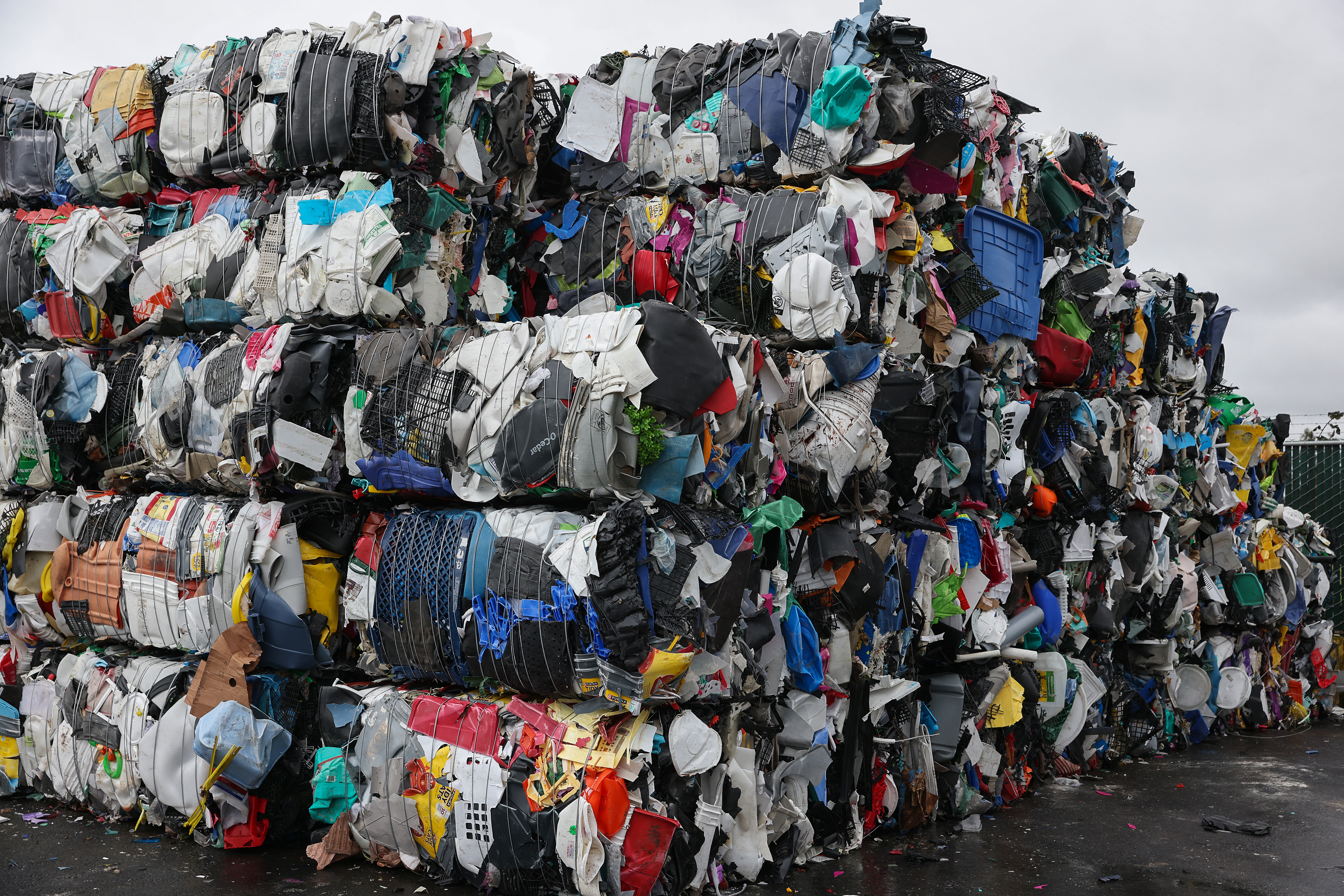 Mixed rigid plastics are bundled at the Recology Material Recovery...