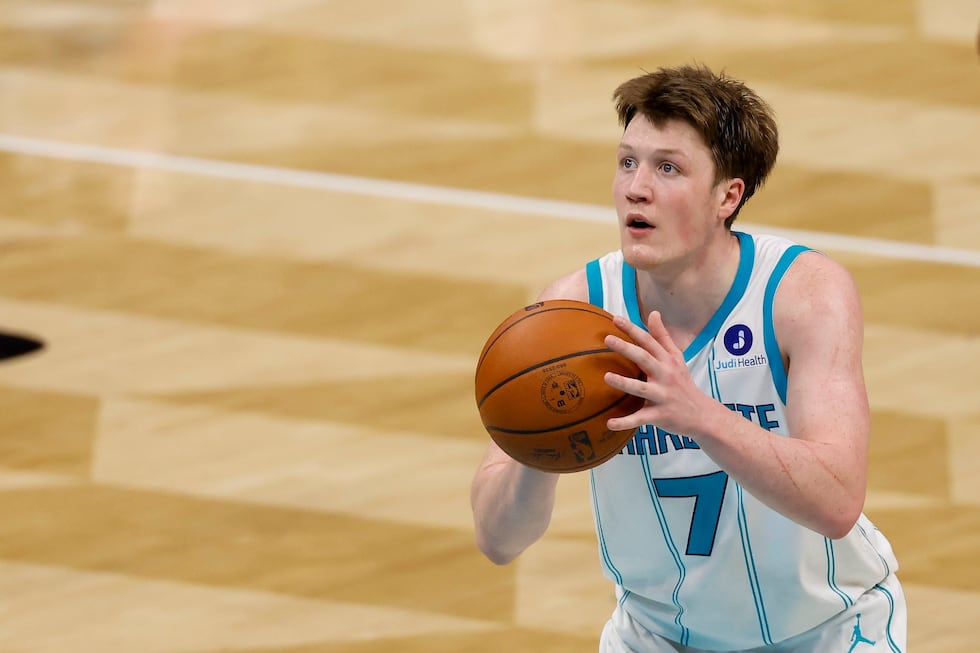 Charlotte Hornets guard Kon Knueppel shoots a free throw during the second half of an NBA...