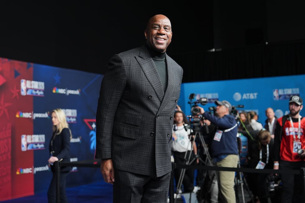 Magic Johnson arrives to the NBA All-Star basketball game Sunday, Feb. 15, 2026, in Inglewood,...