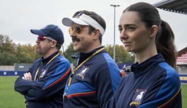 Brendan Hunt, Jason Sudeikis and Tanya Reynolds in Ted Lasso season four