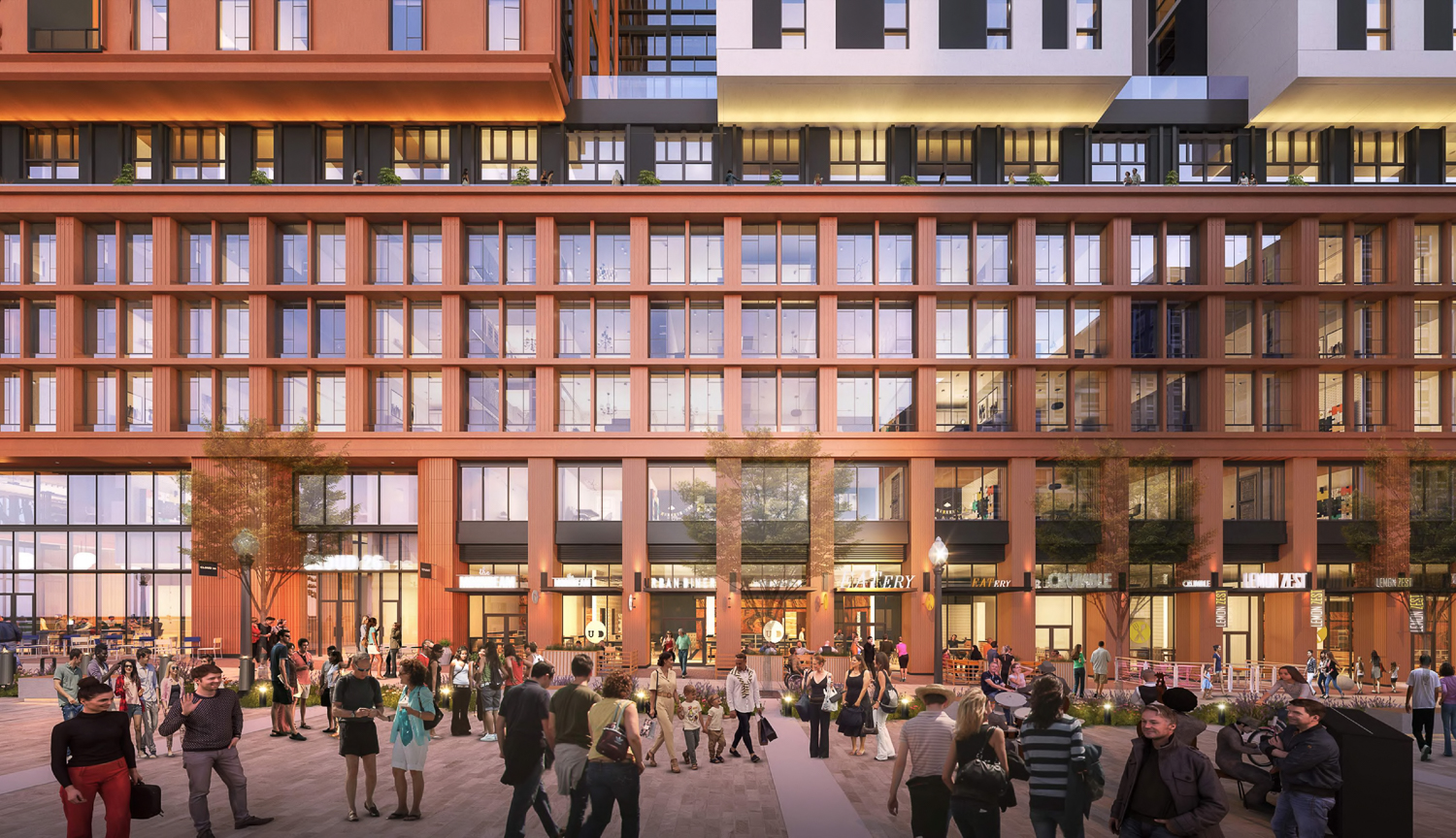 The Hub at 2128 Oxford Street podium view overlooking Center Street, rendering by DLR Group