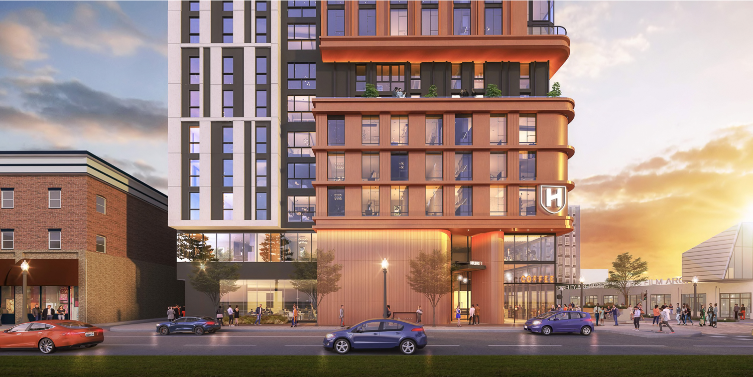 The Hub at 2128 Oxford Street view over Oxford Street, rendering by DLR Group