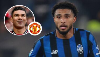 Manchester United midfielder Casemiro, Manchester United badge and Atalanta midfielder Ederson - copyright TEAMtalk