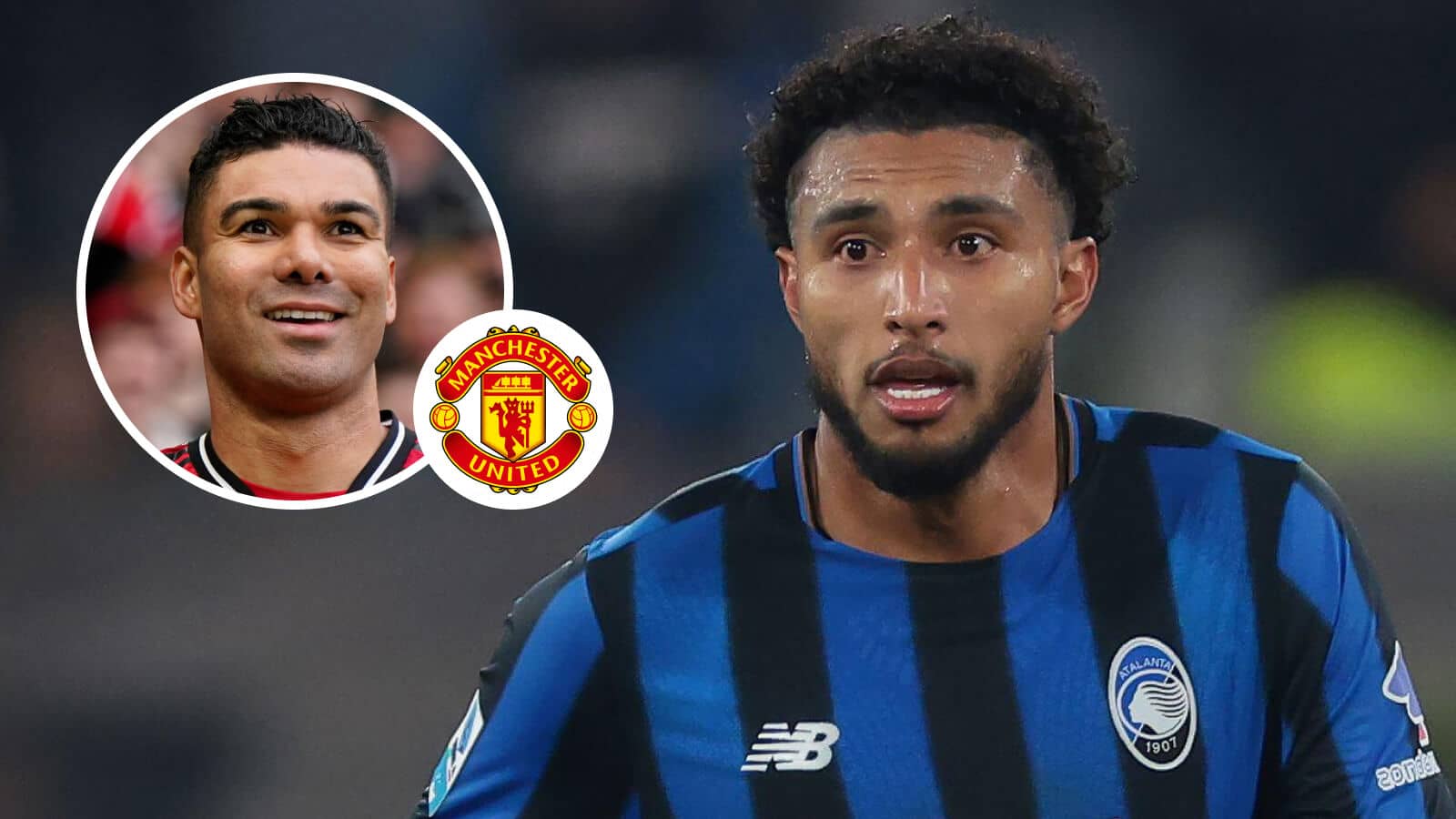 Manchester United midfielder Casemiro, Manchester United badge and Atalanta midfielder Ederson - copyright TEAMtalk