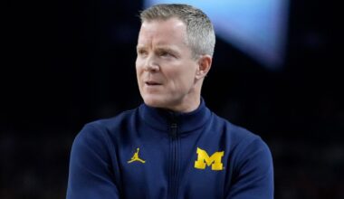 Michigan Wolverines basketball head coach Dusty May at his pre-Final Four press conference. (Photo by Trevor Ruszkowski-Imagn Images)