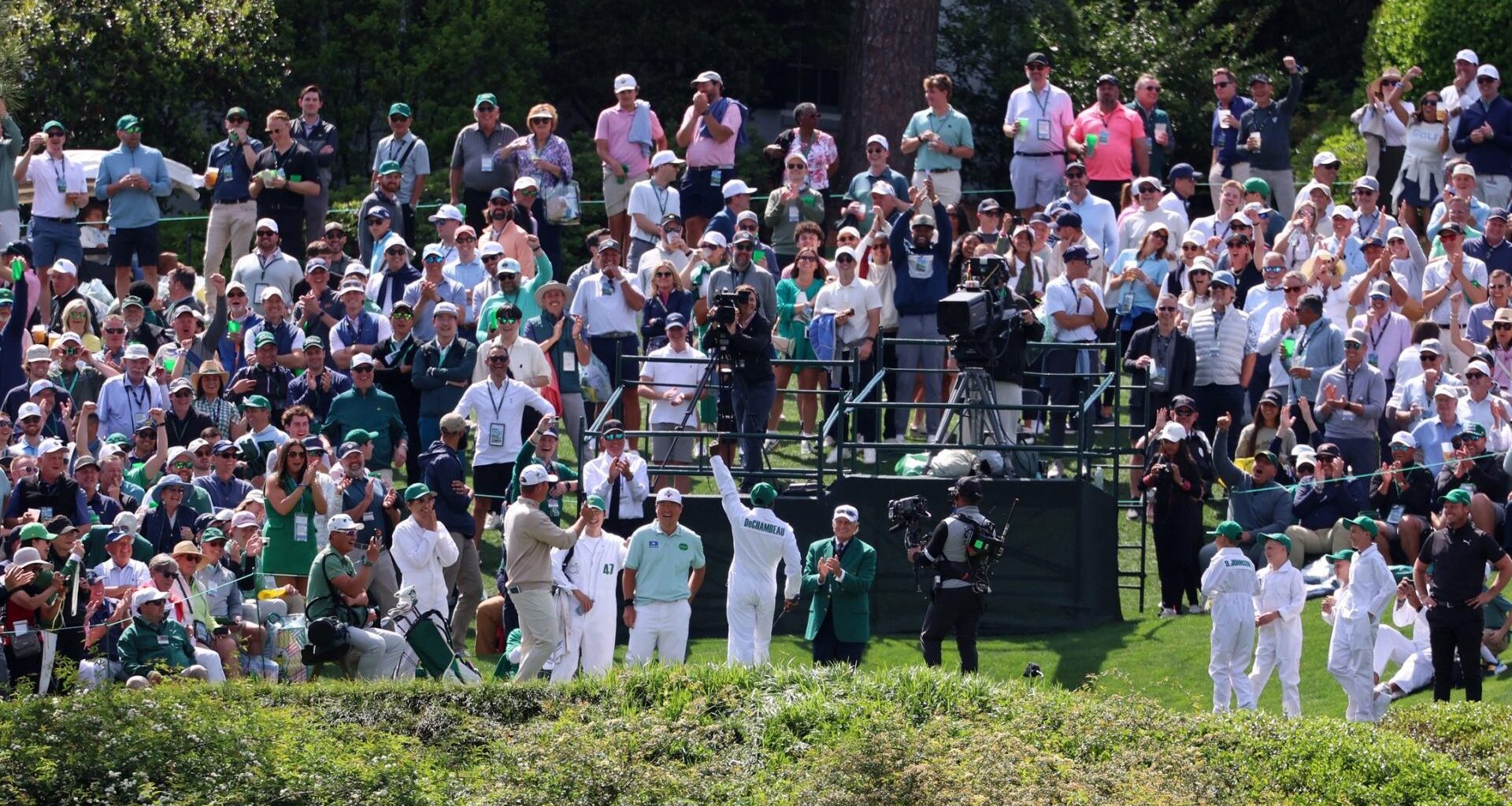 Apr 8, 2026; Augusta, Georgia, USA; Kevin Hart reacts after teeing off on the eighth hole during the Par 3 Contest at the Masters Tournament at Augusta National Golf Club. Mandatory Credit: Bill Streicher-Imagn Images