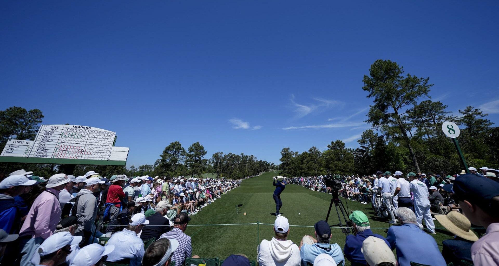 Apr 9, 2026; Augusta, Georgia, USA; Rory McIlroy tees off on the eighth hole during the first round of the Masters Tournament at Augusta National Golf Club. Mandatory Credit: Kyle Terada-Imagn Images