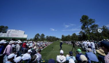 Apr 9, 2026; Augusta, Georgia, USA; Rory McIlroy tees off on the eighth hole during the first round of the Masters Tournament at Augusta National Golf Club. Mandatory Credit: Kyle Terada-Imagn Images