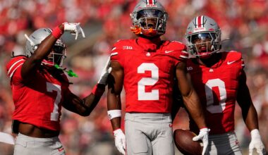 Ohio State Buckeyes safety Caleb Downs (2) celebrates an interception with cornerback Jermaine Mathews Jr. (7) abnd linebacker Sonny Styles (0) during the first half of the NCAA football game against the Grambling State Tigers at Ohio Stadium on Sept. 6, 2025.