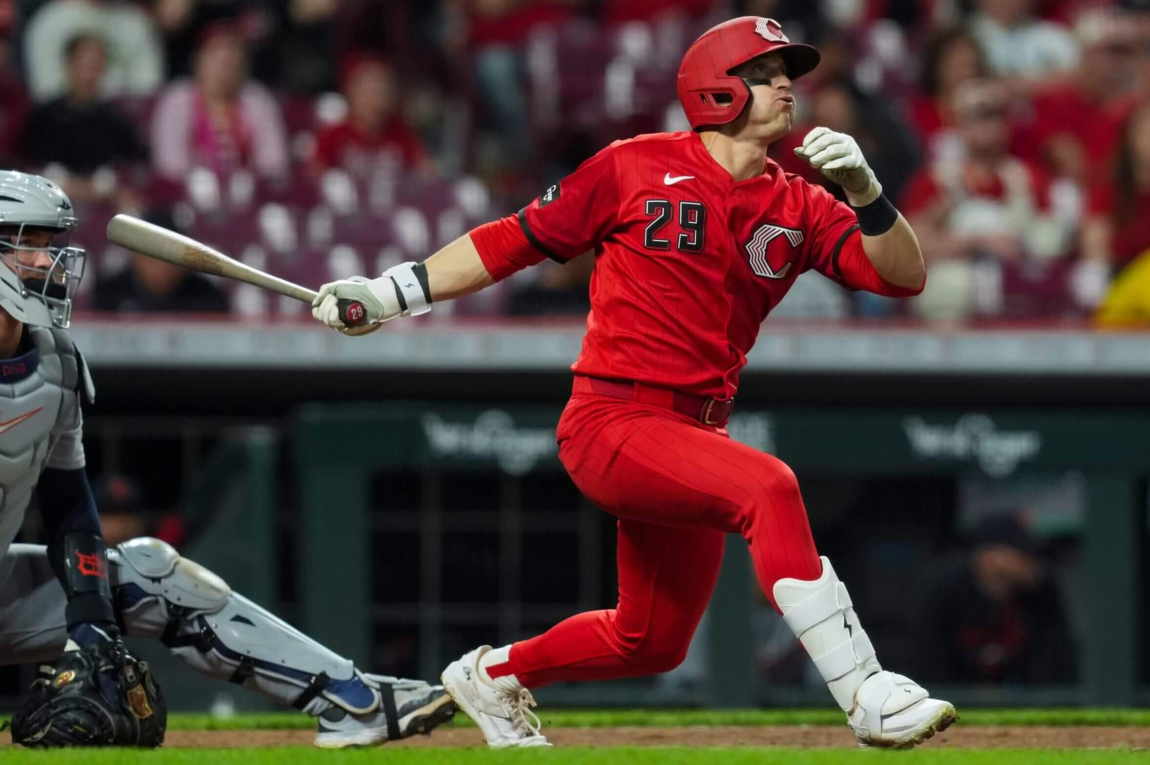 The Reds' TJ Friedl hits a home run during a game against the Detroit Tigers.