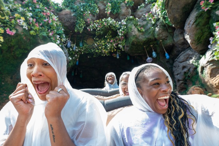 Las Vegas Aces star A’ja Wilson (from left) and Disney Dreamers Academy participant Domenique Sexton ride Tiana’s Bayou Adventure on March 27, 2026, at Walt Disney World Resort in Lake Buena Vista, Florida.