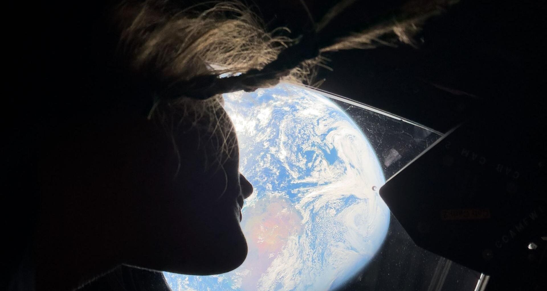The silhouette of a woman looking out the window at Earth.