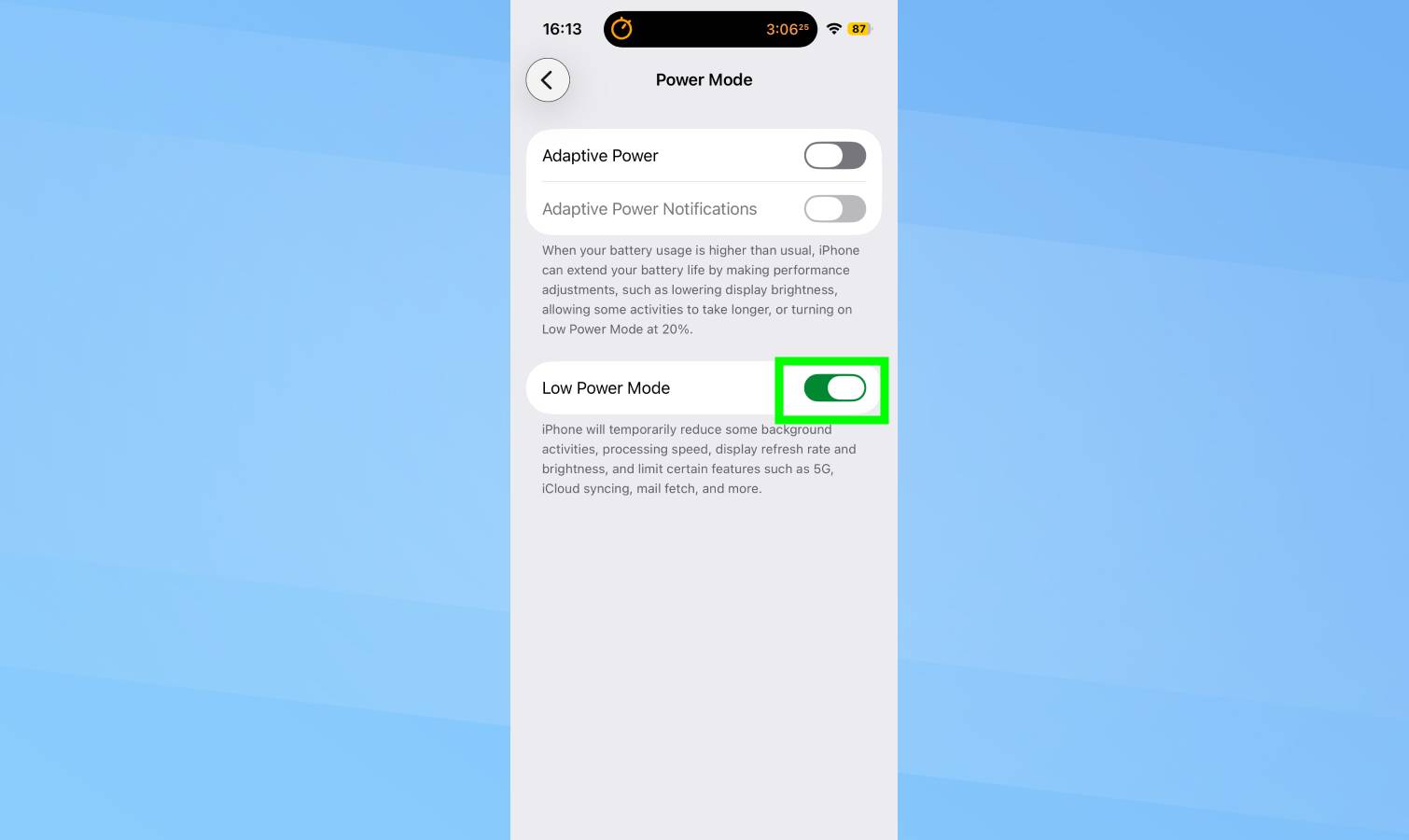 Low power mode toggled on
