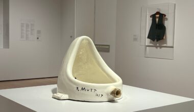Marcel Duchamp, "Fountain," 1950 (replica, after the 1917 original was lost). Installed at the Museum of Modern Art's "Marcel Duchamp" until August 22.