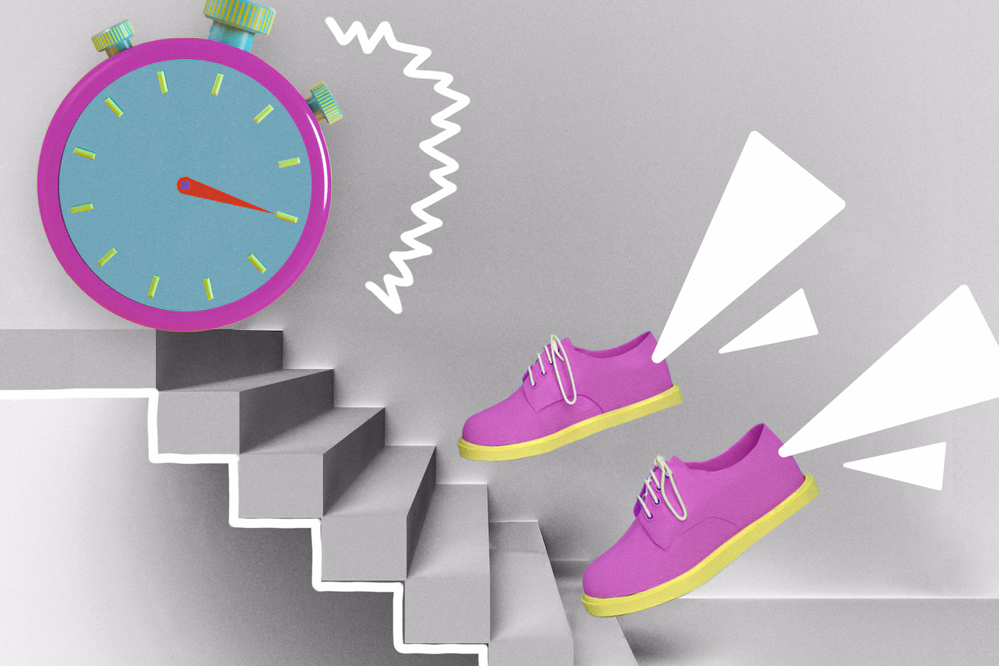 Illustration of colorful shoes walking quickly up some stairs with a stopwatch at the very top