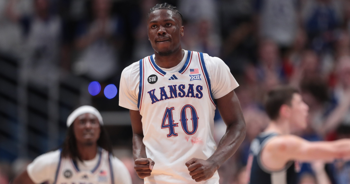 Kansas Jayhawks forward Flory Bidunga (40) reacts after blocking a shot by Arizona Wildcats during the game inside Allen Fieldhouse on Feb. 9, 2026.