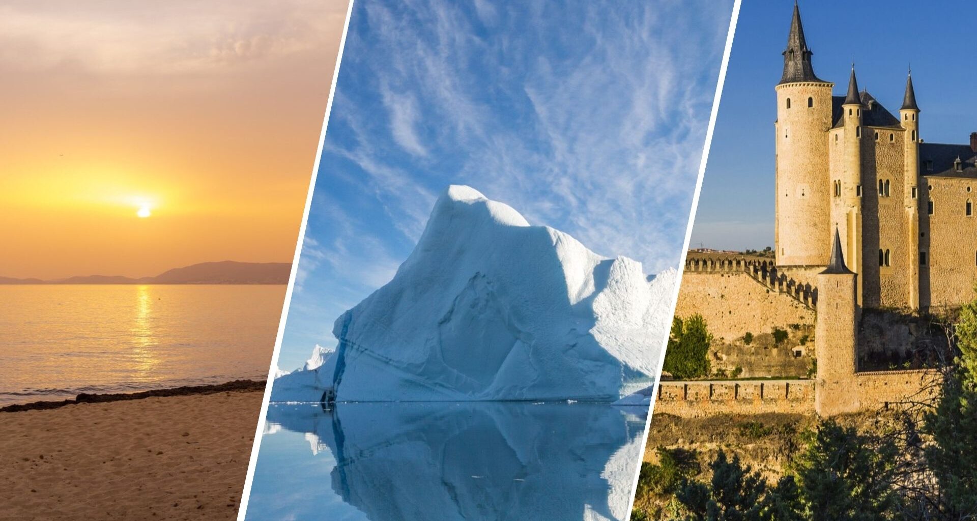 three panel image from left to right: sunset over a sandy beach. a large iceberg reflected in water below and a castle with tall turrets.