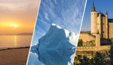 three panel image from left to right: sunset over a sandy beach. a large iceberg reflected in water below and a castle with tall turrets.