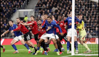 LIVERPOOL, ENGLAND - FEBRUARY 23: Bruno Fernandes of Manchester United competes with Iliman Ndiaye of Everton, as Everton take a corner kick, during the Premier League match between Everton and Manchester United at the Hill Dickinson Stadium on February 23, 2026 in Liverpool, England.