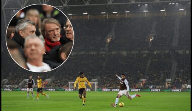WOLVERHAMPTON, ENGLAND - FEBRUARY 27: A general view as Douglas Luiz of Aston Villa crosses the ball inside the stadium during the Premier League match between Wolverhampton Wanderers and Aston Villa at Molineux on February 27, 2026 in Wolverhampton, England