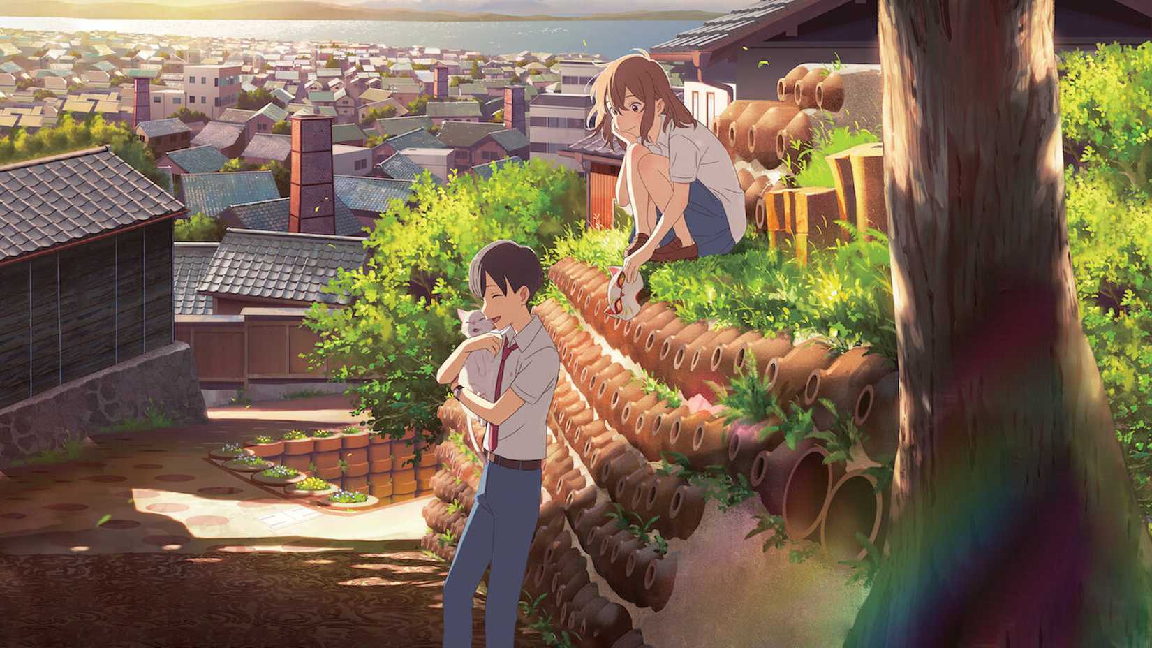 Two animated teenagers and a cat in the anime film A Whisker Away.