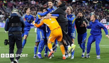 Leeds players celebrate reaching the FA Cup semi-finals