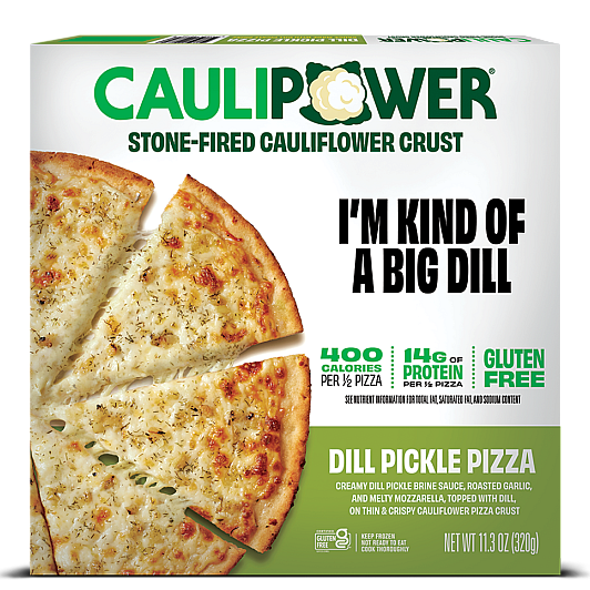 Cauliflower crust dill pickle pizza packaging. Cauliflower crust dill pickle pizza packaging.