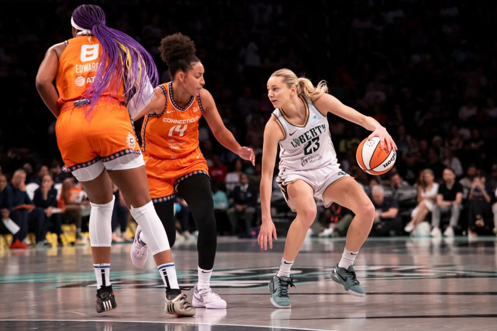 The Liberty’s Marine Johannes handles the ball against the Sun’s Bria Hartley during a regular season matchup at Barclays Center in 2025. Michelle Farsi/New York Post