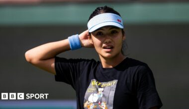 Emma Raducanu reacts during practice at Indian Wells